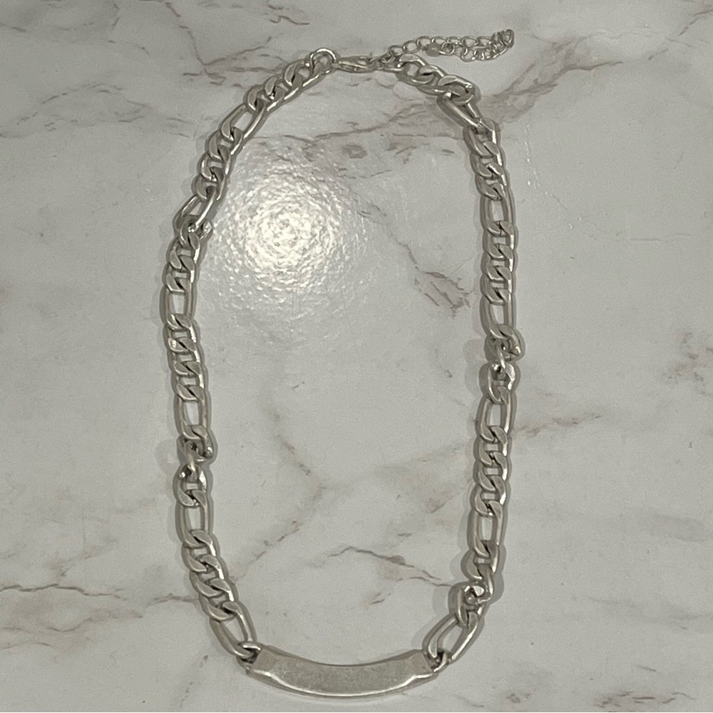 Silver Tone Figaro ID Bar Chain Necklace • Unisex • Adjustable